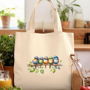 Cute Birds Cotton Canvas Tote Bag, Boho Cottagecore Watercolor Design, Unique Gift Idea, Reusable Shopping Bag