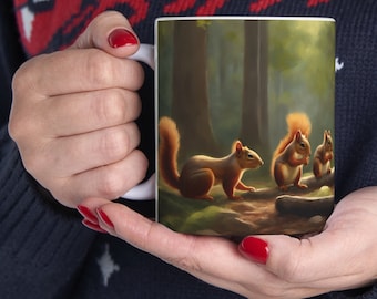 Scurry of Squirrels coffee mug with Squirrels playing on a log  - artistic decorative cup for home decor and Squirrel lovers