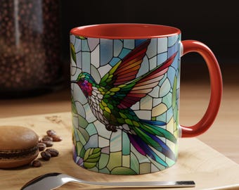 stain-glass hummingbird coffee cup - stunning hummingbird in stain-glass style alongside a vibrant flower