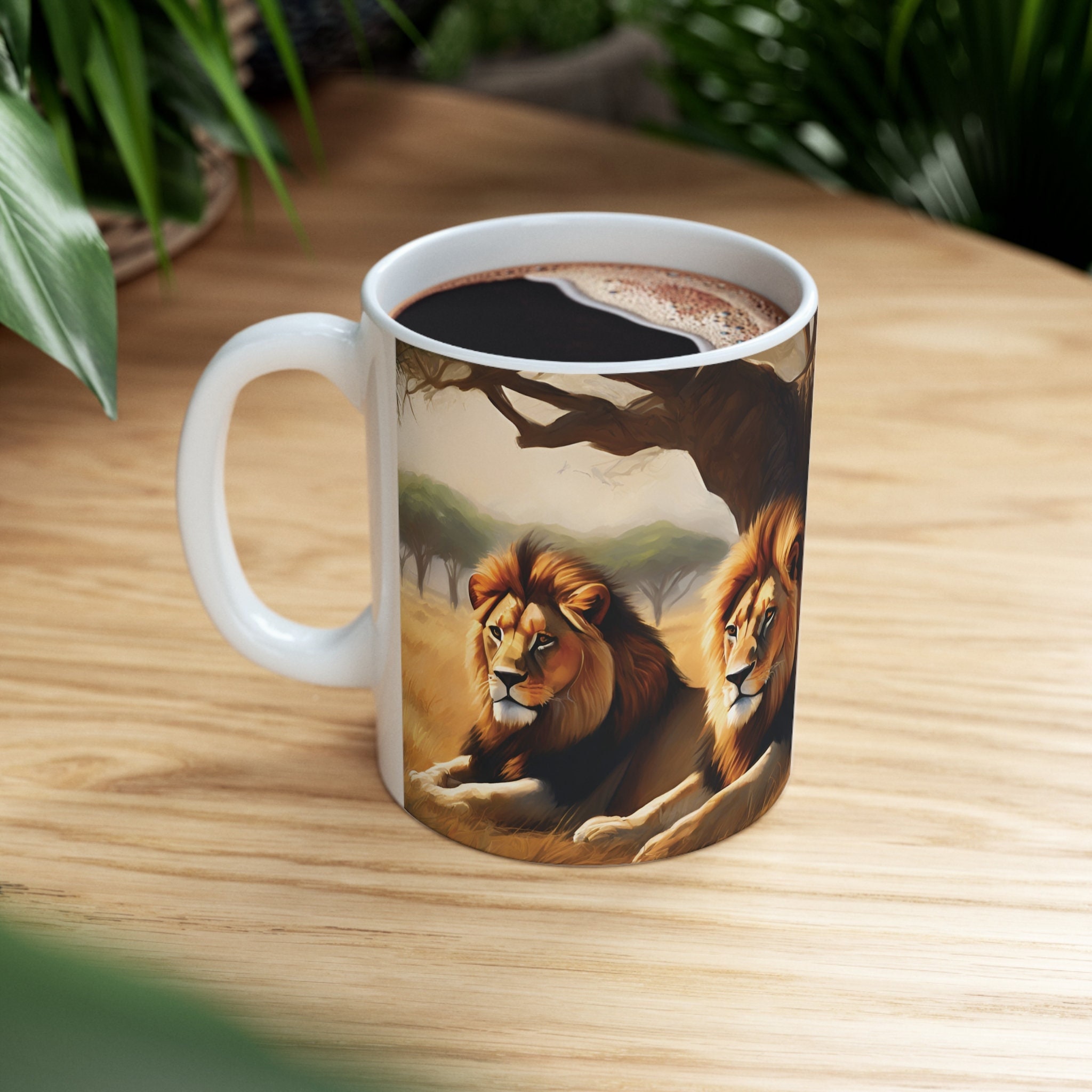 Pride of Lions coffee mug with Lions relaxing in the savanna  - artistic decorative cup for home decor and Lion lovers