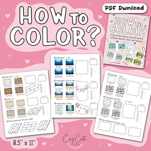 Peut inclure: Un fond rose avec le texte "HOW TO COLOR?" et plusieurs pages à colorier. Les pages comprennent des exemples de planchers en bois, de scènes sous-marines et de murs en pierre. Le livre mesure 21,6 cm x 27,9 cm et est étiqueté "PDF Download."
