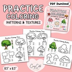 Op de afbeelding: Kleurplaten met de tekst "Practice Coloring Patterns & Textures", "Practice Coloring Trees" en "Practice Coloring Bushes". De pagina's bevatten boom- en struikcontouren om in te kleuren, met een roze achtergrond. De afmetingen zijn 21,6 cm x 21,6 cm.