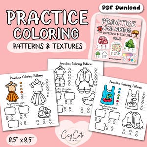 Può includere: Una raccolta di pagine da colorare con motivi e texture di abbigliamento. Le pagine presentano contorni di abiti, top, pantaloncini e giacche, con spazi per testare i colori. Il testo "PRACTICE COLORING PATTERNS & TEXTURES" è visualizzato. Le pagine misurano 21,6 cm x 21,6 cm.