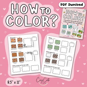 以下が含まれることがあります： ピンク色の背景に、塗り絵と2枚のワークシートがあります。 本の表紙には、サブタイトル付きで「HOW TO COLOR？」と書かれています。 ワークシートには、レンガとタイルのパターンが表示されています。 サイズ：21.6 cm x 27.9 cm。