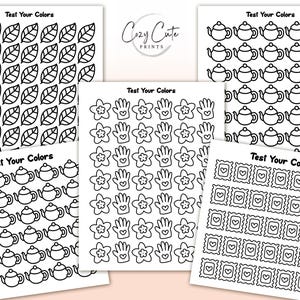Puede incluir: Un conjunto de seis p&aacute;ginas para colorear imprimibles que presentan varios patrones, incluyendo hojas, flores, manos, teteras y cuadrados con corazones. Las p&aacute;ginas se titulan "Test Your Colors" y est&aacute;n dise&ntilde;adas para colorear.