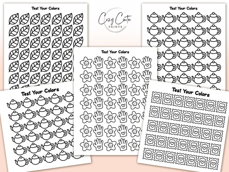 Puede incluir: Un conjunto de seis p&aacute;ginas para colorear imprimibles que presentan varios patrones, incluyendo hojas, flores, manos, teteras y cuadrados con corazones. Las p&aacute;ginas se titulan "Test Your Colors" y est&aacute;n dise&ntilde;adas para colorear.