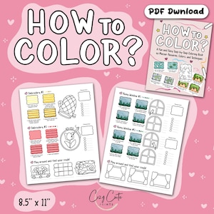 Könnte beinhalten: Ein rosa Hintergrund mit dem Text "HOW TO COLOR?" und einer PDF-Download-Grafik. Das Bild zeigt Malvorlagen mit Stickereien und Regenfenster-Designs sowie ein Malbuchcover. Die Seiten messen 21,6 cm x 27,9 cm.