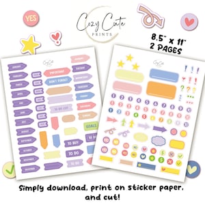 Printable Sticker Sheet, Planner Stickers, Journal Stickers, Digital and Cut Stickers, Pre-Cut File for Cricut & Silhouette
