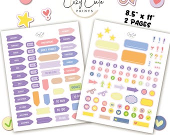 Printable Sticker Sheet, Planner Stickers, Journal Stickers, Digital and Cut Stickers, Pre-Cut File for Cricut & Silhouette
