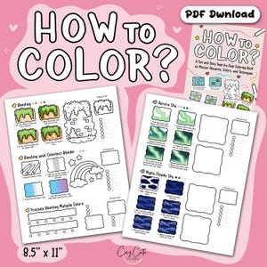 May include: A pink background features a coloring book and two worksheets with instructions. The book cover reads "How to Color?" with a subtitle. The worksheets show blending techniques and color examples. The paper size is 8.5" x 11".
