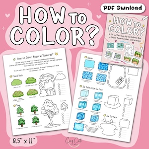 Op de afbeelding: Een roze achtergrond met een kleurboek en twee instructiepagina's. De boekomslag luidt "HOW TO COLOR?" met een ondertitel. De pagina's laten zien hoe je natuurlijke texturen, water en ijs kunt kleuren. De pagina's meten 21,6 cm x 27,9 cm.
