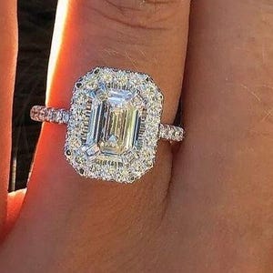 Emerald Cut Colorless Moissanite Diamond Ring, Halo And Pave Setting, Ring For Her, Vintage Halo Emerald Ring, Antique Statement Ring 135