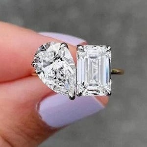 2.25 CTW Emerald & Pear Moissanite Engagement Ring, Double Stone Ring, Toi et Moi Ring for Women, Birthday Gift Anniversary Unique Ring 067