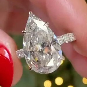 6 Ct Pear Shape Moissanite Hidden Halo Ring, Engagement Ring Pave Setting Wedding Ring Celebrity Style Ring Large Stone Ring Promise Ring 75