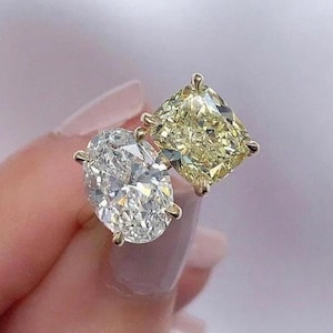 3.50 Ctw Two Stone Engagement Ring Oval And Cushion Moissanite Toi Et Moi Ring Classic White & Yellow Diamond Promise Ring Gift For Her 206