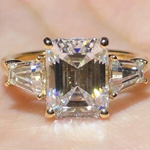 Emerald Cut Engagement Moissanite Ring 3.50 CT Emerald Three Stone Moissanite Ring Stackable Moissanite Solitaire Promise Ring Gift Her 009