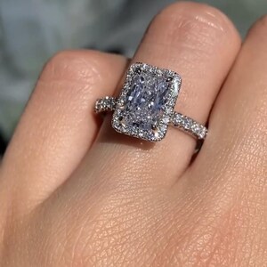 2 CT Radiant Cut Moissanite Ring, Vintage Style Solitaire Engagement Ring with Invisible Halo, Hidden Halo Wedding Ring Pave Set Diamond 228