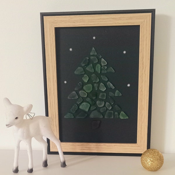 Tableau de Noël en verre de mer Cadeau de Noël fait main Art de la mer Affiche arbre de Noël