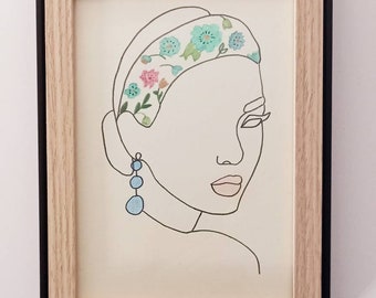 Dessin minimaliste femme portrait Liberty fleurs