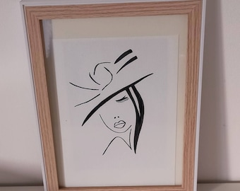 Dessin minimaliste portrait  femme one line drawing au feutre noir