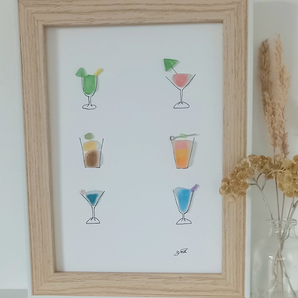 Affiche murale cocktail Minimalist Art wall Kitchen Sea Glass Art  Verre d'alcool Décoration murale Cadeau anniversaire Cadeau mariage