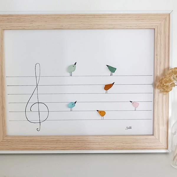 Oiseaux arc en ciel sur des notes de musique Art de la mer Cadeau unique fait main Cadeau de mariage Cadeau de Noël Image en verre de mer