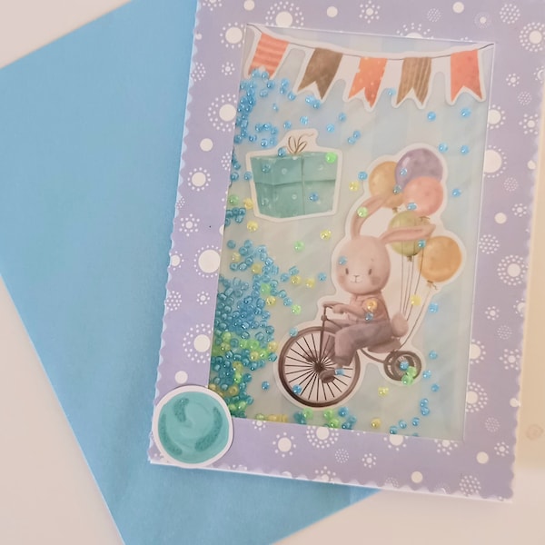 Carte anniversaire garçon Ballon lapin vélo Carte félicitations