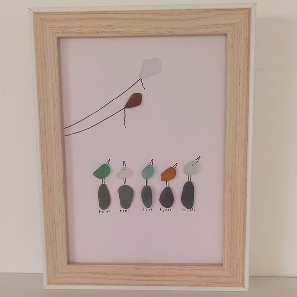 Polished sea glass Sea art Pebble art Bird drawing Kite Unique gift original handmade