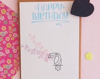Carte anniversaire Happy birthday fleurs perroquet toucan