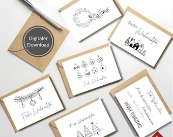 Weihnachtskarten Set 6 Stück PDF Download // Digitale Karte mit Spruch zum ausdrucken / Minimalistische Designerkarten für Weihnachten Set 1