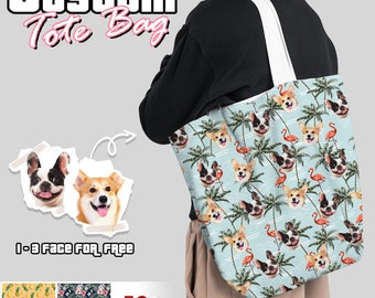 Aangepaste gezicht Hawaii tote tas voor vrouwen, aangepaste tote tas met gezicht, gepersonaliseerde foto tote tas voor hondenliefhebbers, cadeau voor haar