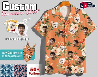 Personalized Photo Hawaiian Shirt Custom Dog Cat Face Holiday Tropical Pattern Shirt for Men Women Birthday Bachelor Party Gift Summer Gift
