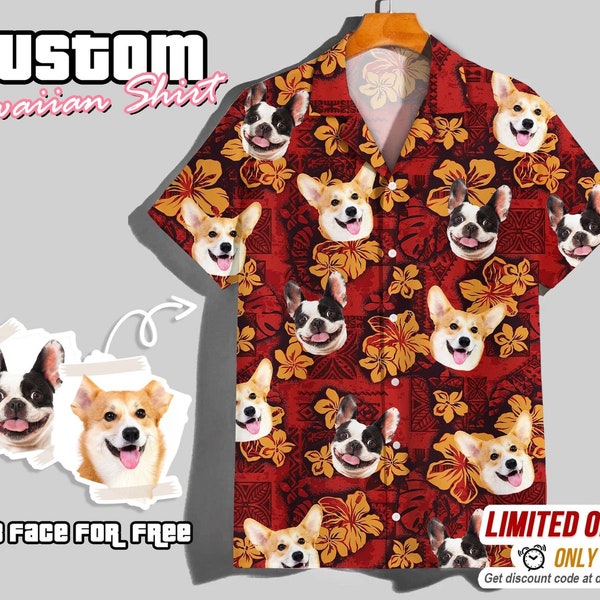 Custom Hawaii Shirt With Dog Face, Custom Pet Face Hawaiian Shirt, Hibiscus Flowers Shirt For Men Women, Custom Hawaiian Dog Shirt