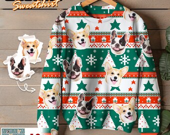 Aangepaste sweatshirt met hondengezicht voor mannen vrouwen, aangepaste huisdier gezicht kerst sweatshirt cadeau voor moeder, hondenliefhebbers cadeau