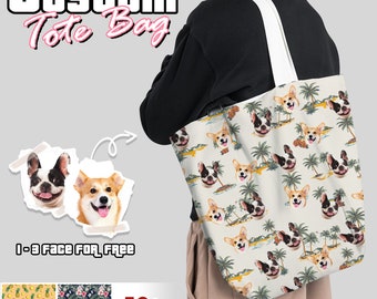 Borsa tote personalizzata con faccia di cane, borse tote Hawaii personalizzate, borsa di tela hawaiana per uomo donna, regali per gli amanti dei cani