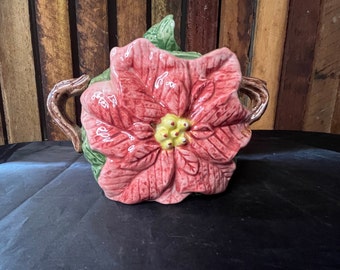 Fitz and Floyd Omnibus Sugar Bowl with Lid – Poinsettia Design – Pink & Green – Japan