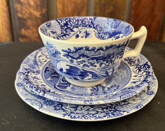Spode Blue Italiaans porseleinen theetrio - kop, bord, schotelset, gemaakt in Engeland