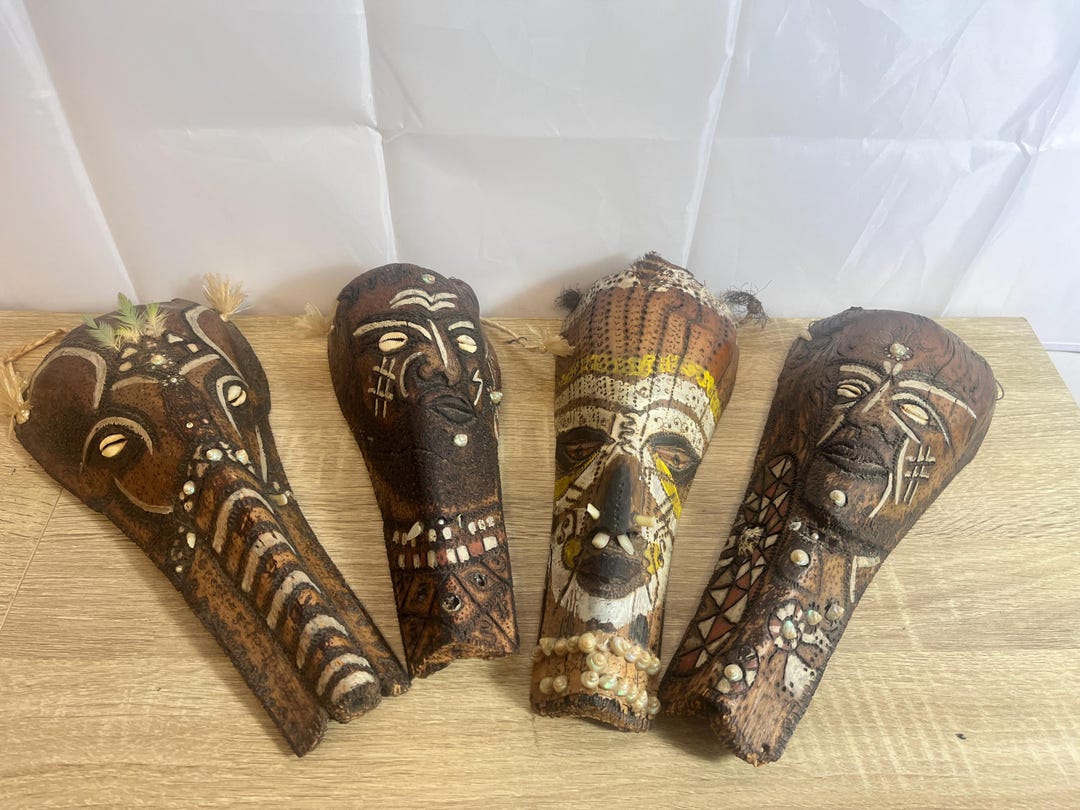 Vintage Papua New Guinea Tribal Masks (x4) – 1974 Inscription – Hand ...
