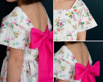 Eugénie, vestido sem costas com laço, molde de costura em PDF, tamanhos de 2 a 14 anos.