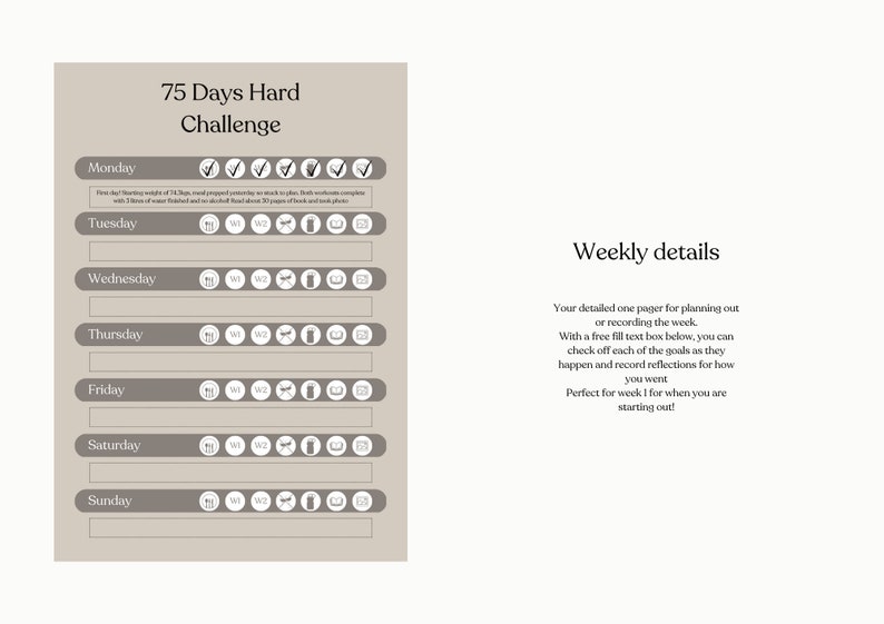 75 Days Hard Challenge Printable PDF. Weekly, Daily, 3 Weeks Checkbox ...