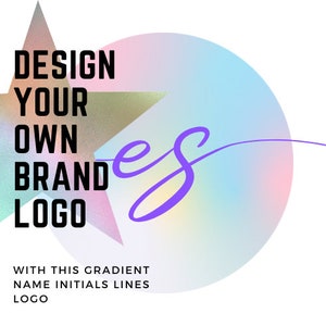 Puede incluir: Un círculo degradado de colores con el texto "Design your own brand logo" en negro y la palabra "es" en letra cursiva morada. El texto "With this gradient name initials lines logo" está debajo del círculo.