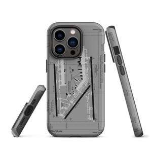 May include: A grey iPhone case featuring a printed map of Miami International Airport (MIA) on the back. The case has a cut-out for the camera lens and a raised edge to protect the screen.