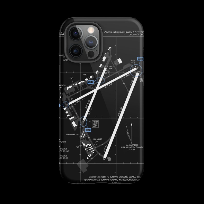 May include: A black iPhone case featuring a white airport runway map design. The map depicts Cincinnati Municipal Lunken Airport (LUK) in Cincinnati, Ohio. The case has a clear back and a black camera bump.