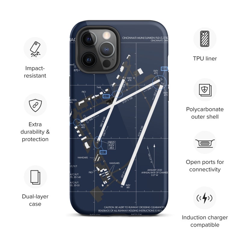 May include: A blue phone case featuring a printed map of Cincinnati Municipal Lunken Airport (LUK). The case is made from a durable, impact-resistant material and has open ports for connectivity. It is also compatible with wireless charging.