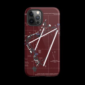 May include: A red and white phone case featuring a map of Cincinnati Municipal Lunken Airport. The case displays the airport's runway layout, elevation, and other key information. The case is made from a robust material and is designed to safeguard your phone from scratches and drops.