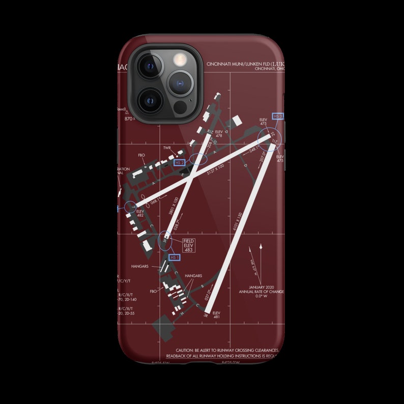 May include: A red and white phone case featuring a map of Cincinnati Municipal Lunken Airport. The case displays the airport's runway layout, elevation, and other key information. The case is made from a robust material and is designed to safeguard your phone from scratches and drops.