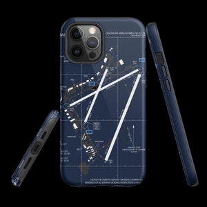 May include: A blue iPhone case featuring a map of Cincinnati Municipal Lunken Airport (LUK) in Cincinnati, Ohio. The case displays the airport's runways, taxiways, and other key features. The text "CAUTION: BE ALERT TO RUNWAY CROSSING CLEARANCES. READBACK OF ALL RUNWAY HOLDING INSTRUCTIONS IS REQUIRED." is printed at the bottom of the case.