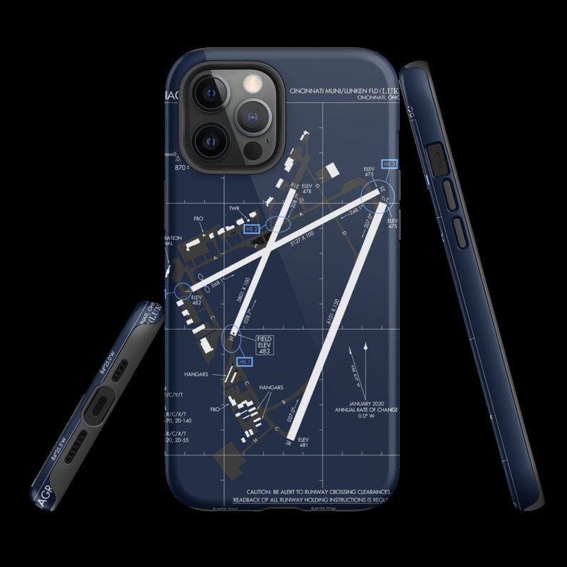 May include: A blue iPhone case featuring a map of Cincinnati Municipal Lunken Airport (LUK) in Cincinnati, Ohio. The case displays the airport's runways, taxiways, and other key features. The text "CAUTION: BE ALERT TO RUNWAY CROSSING CLEARANCES. READBACK OF ALL RUNWAY HOLDING INSTRUCTIONS IS REQUIRED." is printed at the bottom of the case.