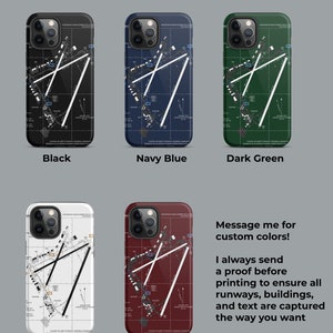 May include: Custom iPhone case featuring a detailed airport runway map design. Available in black, navy blue, dark green, white, and red.