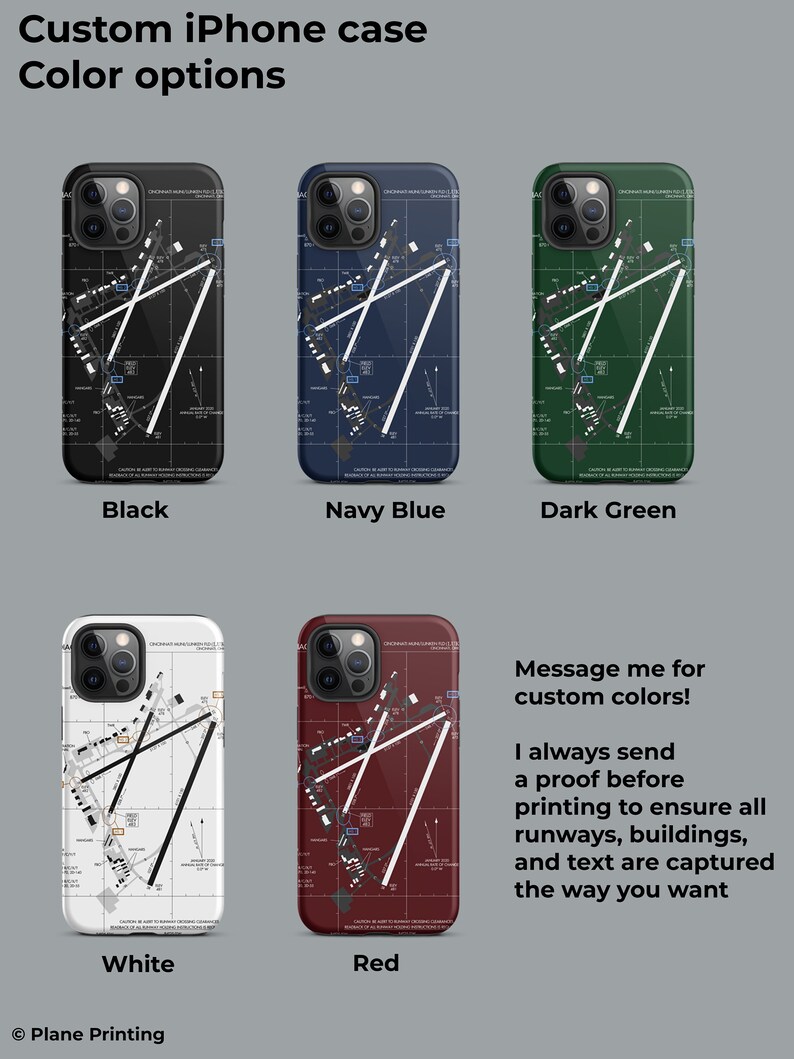 May include: Custom iPhone case featuring a detailed airport runway map design. Available in black, navy blue, dark green, white, and red.